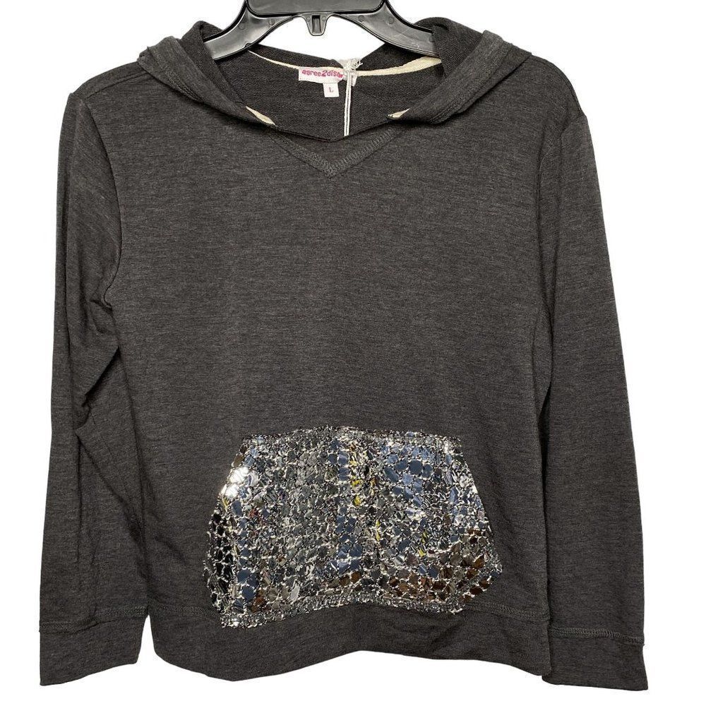 Agree2Disagree Girls Sz L Charcoal Hoodie Top Metallic Kangaroo Pocket LS NEW